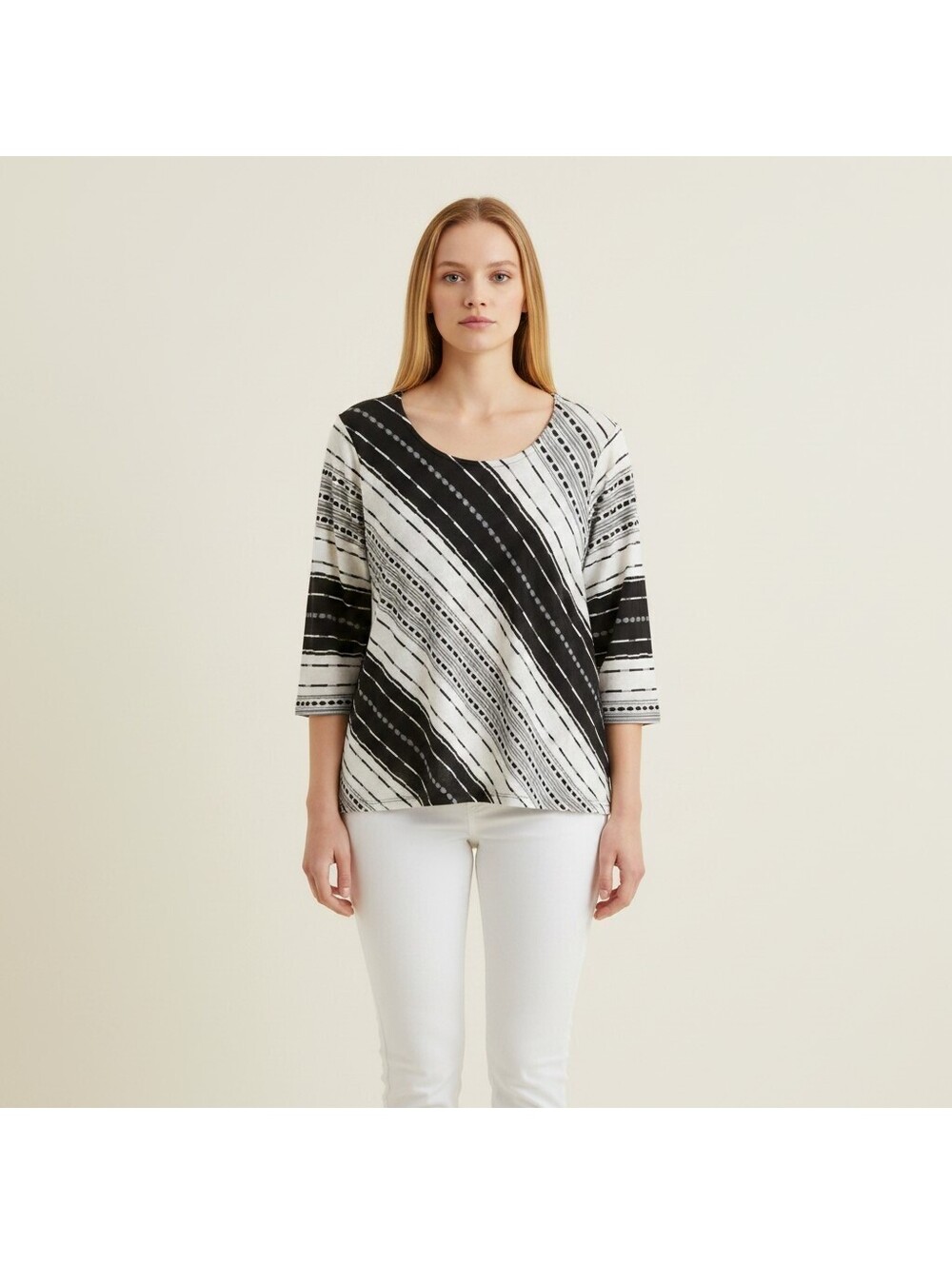 Alfred Dunner Blouse Women L Large White Striped 3/4 Sleeve Round Neck Casual